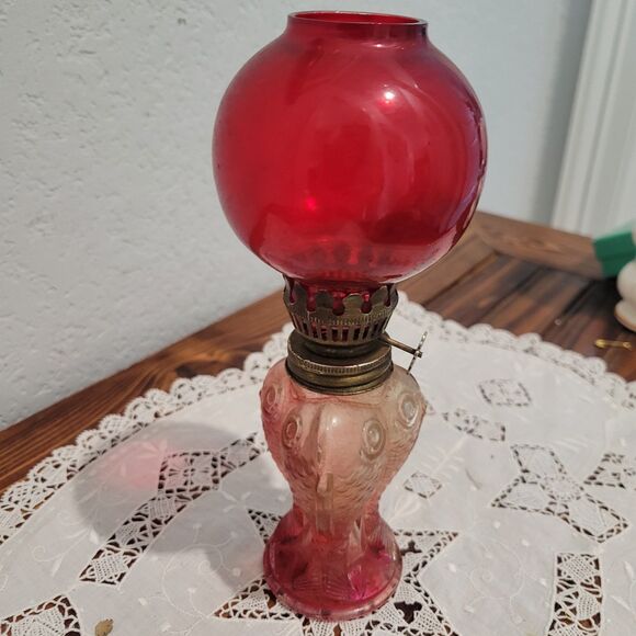 Vtg Mini Oil Lamp Cranberry glass globe with fish bottom RARE Flaw Old World - Picture 3 of 12